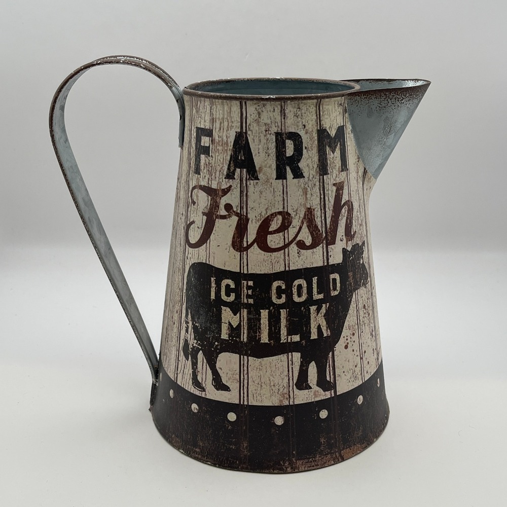 Primitives by Kathy Farm Fresh Ice Cold Milk Cow Metal Pitcher Rustic Decor 7in